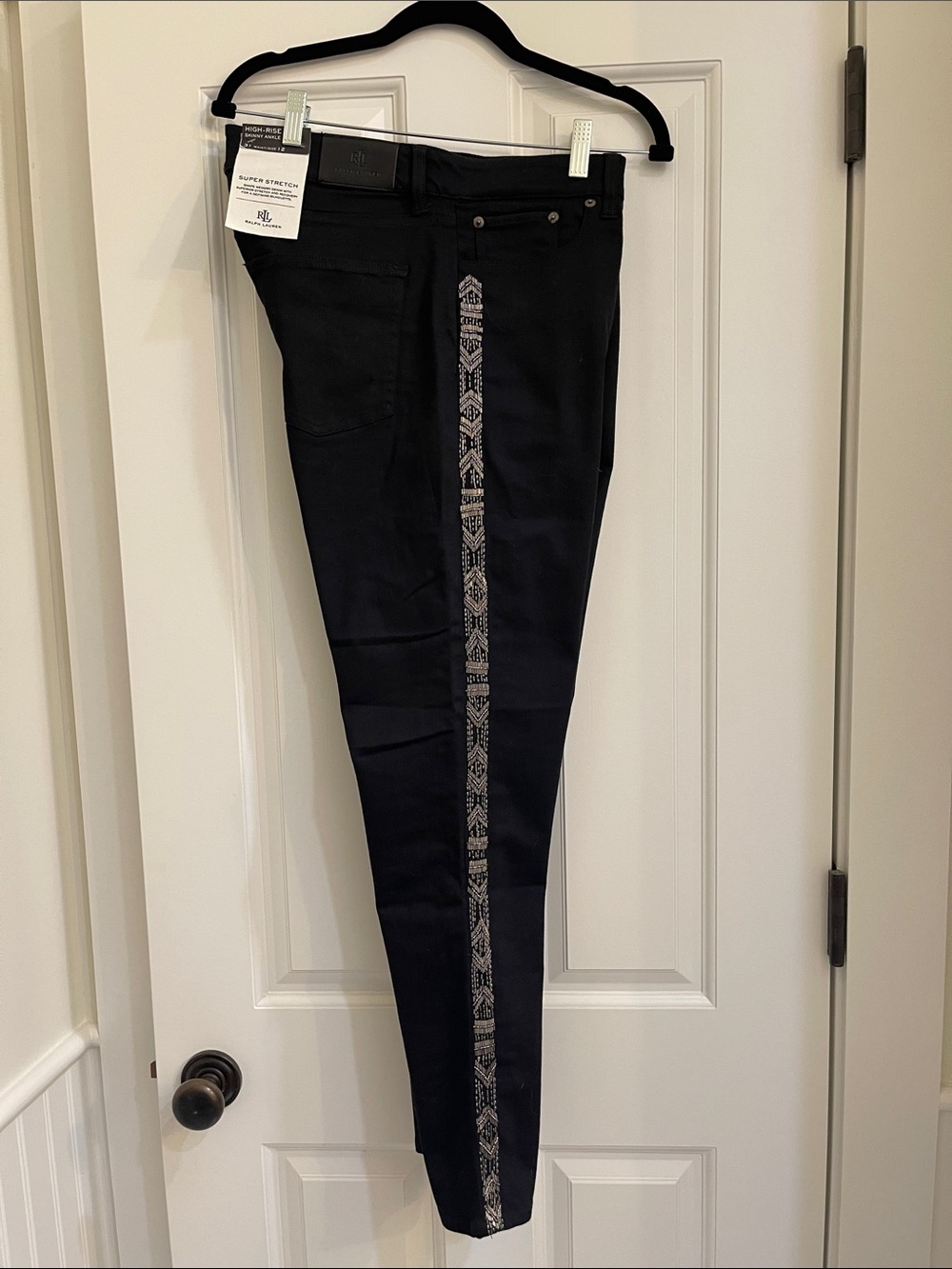 Ralph Lauren Black Skinny Jeans with Embroidered Side Trim Size 12 NWT